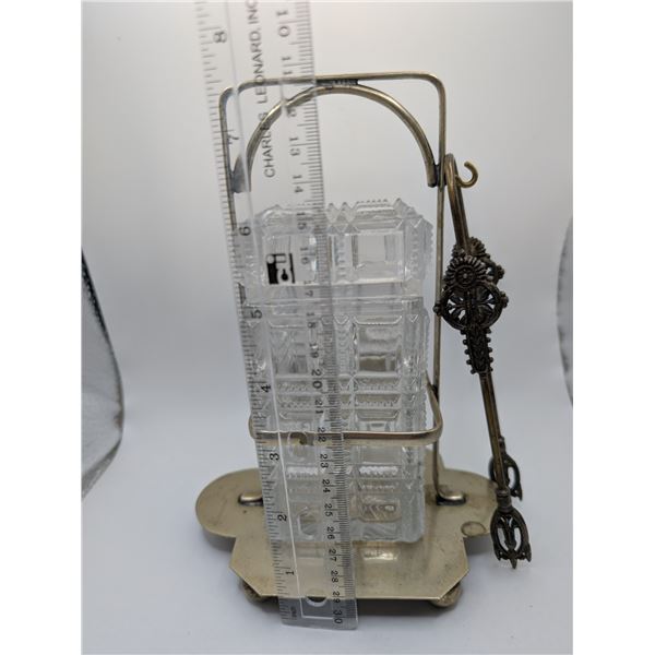 Crystal and Silver Plate Pickle Jar Stand and Fork