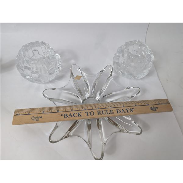 French Art Glass Dish and Pair of Kosta Boda Tea Light Set