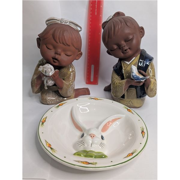 Antique Red Clay Figurines and Eva Gozton Bunny Plate