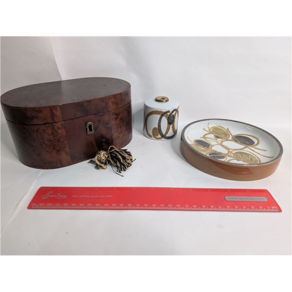 Modern Bombay Wood Lock Box w/ Key and Copenhagen Denmark Fajance Set