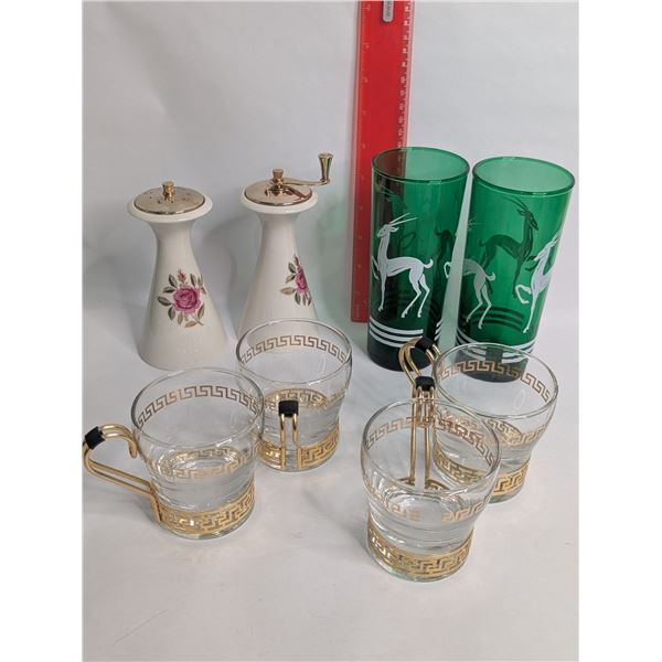 Two Mid Century Antelope Hiball Glasses Lenox S&P Greek Key Glass Mugs