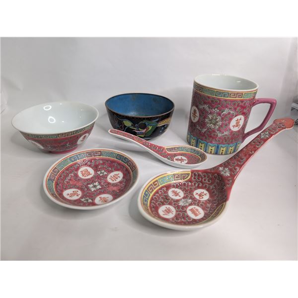 Asian Dishes and Antique Cloisonne Dragon Bowl