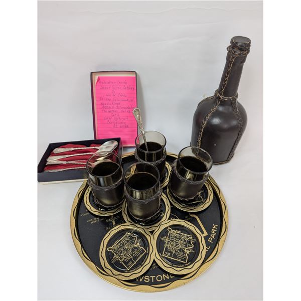 Leather Wrapped Bottle / Glasses Tray and Coasters and Set of MET Spoons SP