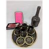 Image 1 : Leather Wrapped Bottle / Glasses Tray and Coasters and Set of MET Spoons SP
