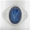 Mens 14k White Gold Linde Blue Star Sapphire & Diamond Florentine Work Dome Ring