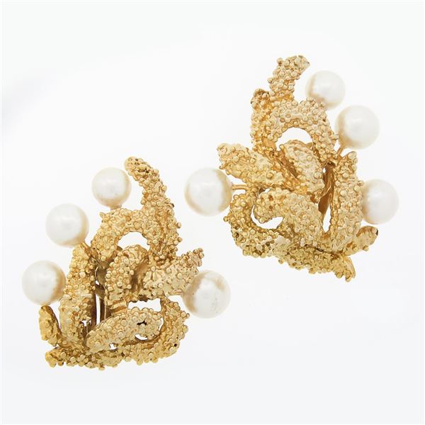 Vintage 14K Gold Cultured Pearl Textured Overlap Knot Clip On Statement Earrings