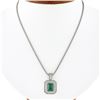 14k White Gold GIA Emerald Cut Emerald Diamond Mil grain Halo Pendant & 18" Chai