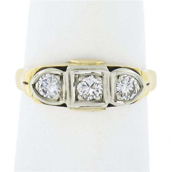 Vintage 14K TT Gold 0.45 ctw Round Brilliant Diamond 3-Stone Polished Band Ring