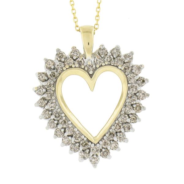 Classic 14K TT Gold 1 ctw Champagne Diamond Open Heart Pendant w/ Chain Necklace
