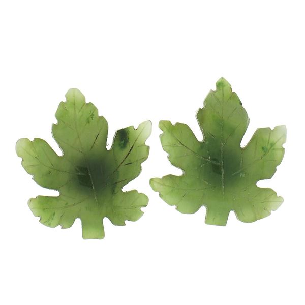 14K Yellow Gold Leaf Carved Green Jade Floral Stud Earrings W/ Butterfly Closure