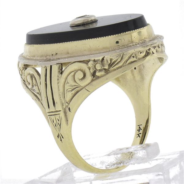 Vintage 14k Gold Elongated Oval Black Onyx w/ Diamond Center Floral Work Ring