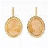 Image 1 : Vintage 14k Gold Oval Carved Shell Cameo w/ Wavy Wire Frame Drop Dangle Earrings