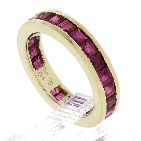 18k Yellow Gold Channel GIA Square Step Burma Ruby Wide Eternity Stack Band Ring