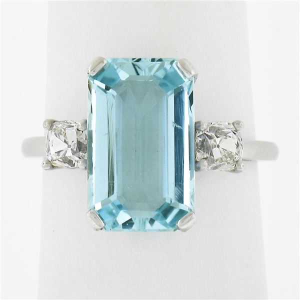 Platinum 4.55 ctw Elongated Step Cut Aquamarine & Old Cut Diamond Cocktail Ring