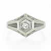 Image 3 : Vintage 18k Gold Diamond Solitaire Matte & Polished Hand Engraved Hexagon Ring