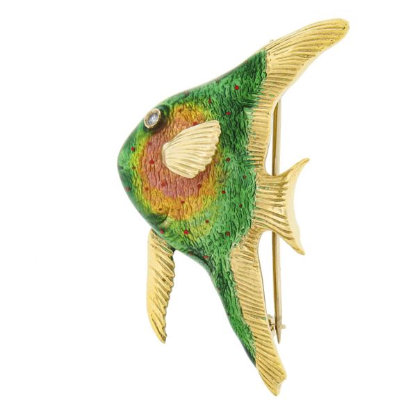 18k Gold Multi-colors Enamel Work Detailed Banner Fish Pin Brooch w/ Diamond Eye