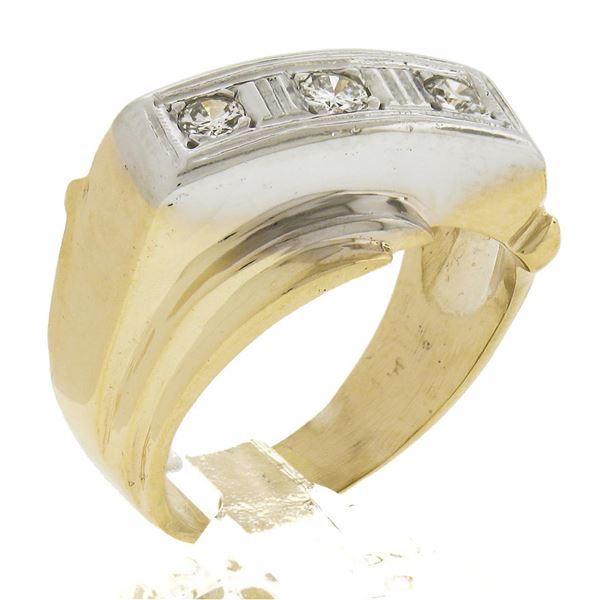 Men's Retro 14k Two Tone Gold 0.25 ctw Old Cut Pave Diamond Bypass Band Ring