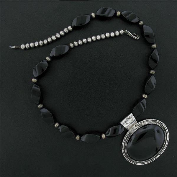 Vintage Handmade Navajo Silver Black Onyx Pendant on 18" Custom Bead Necklace