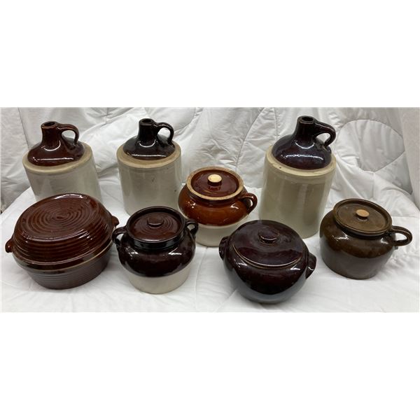 VINTAGE/ANTIQUE EARTHENWARE CROCKS, JUGS, AND BEAN POTS