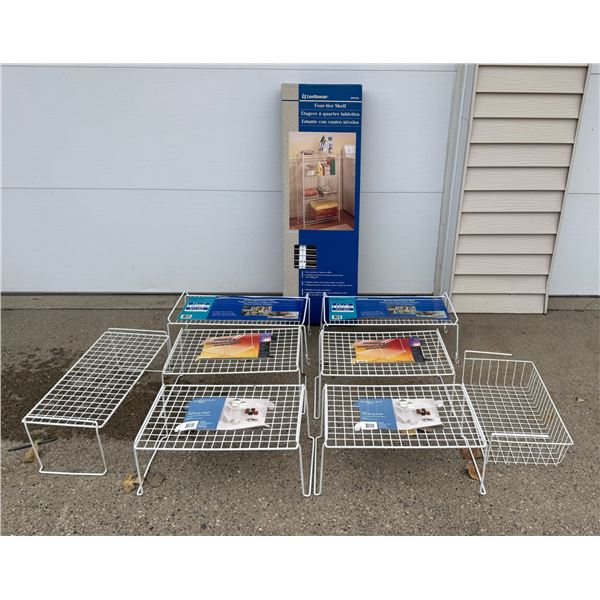 LOT OF COATED WIRE STACKABLE SHELVES AND SHELVING