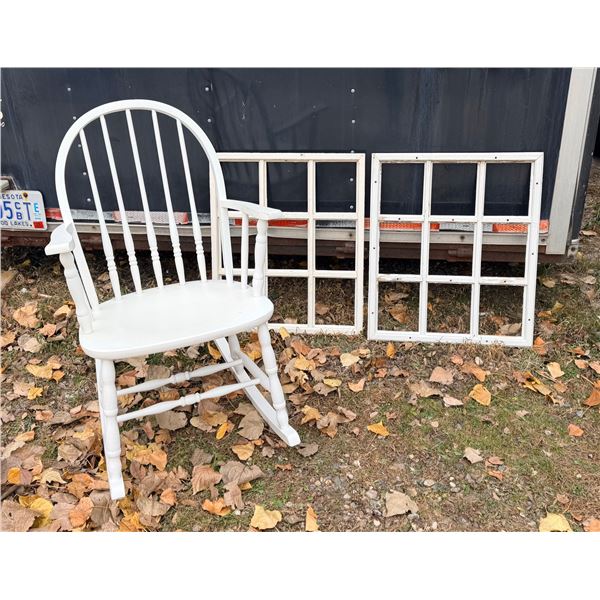 WOODEN ROCKING CHAIR AND TWO "WINDOWS"