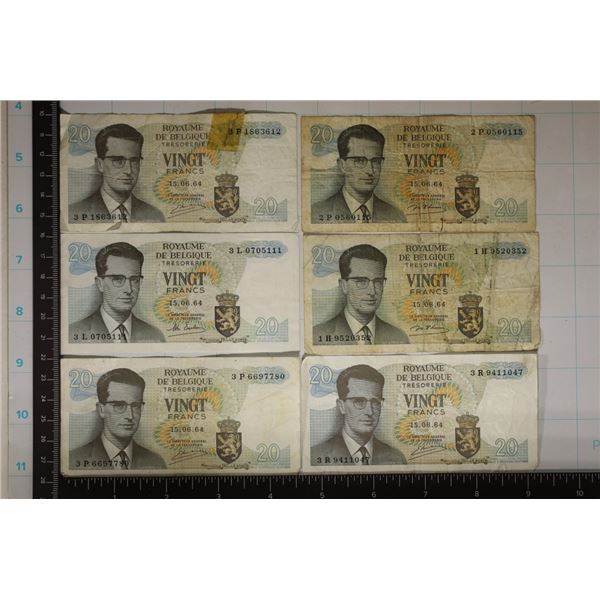 6-1964 BELGIUM 20 FRANC BILLS, 2 OF THEM HAVE TAPE