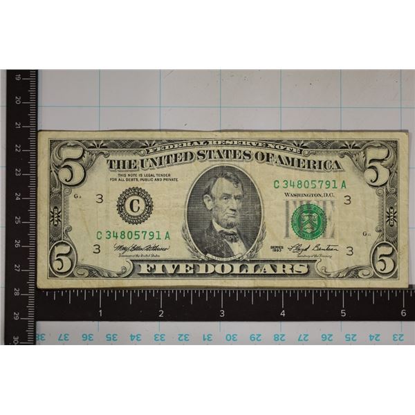 1993 US $5 GREEN SEAL NOTE