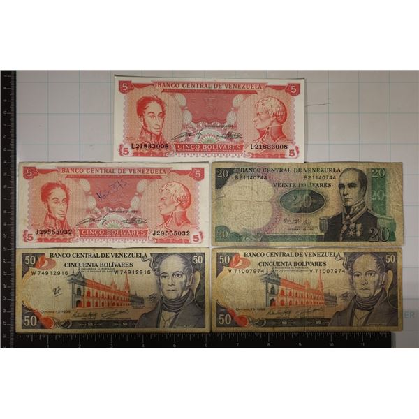 5-VENEZUELA BILLS: 2-1989-5 BOLIVARES, 1987-20