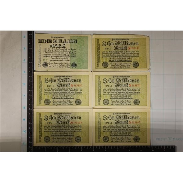 6-1923 GERMAN MARK BILLS: 1-ONE MILLION AND 5-10