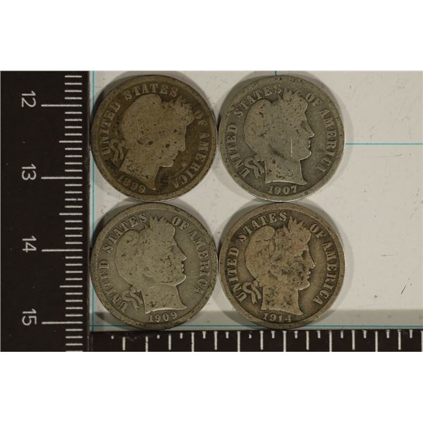 1899, 1907, 1909 & 1914-D SILVER BARBER DIMES