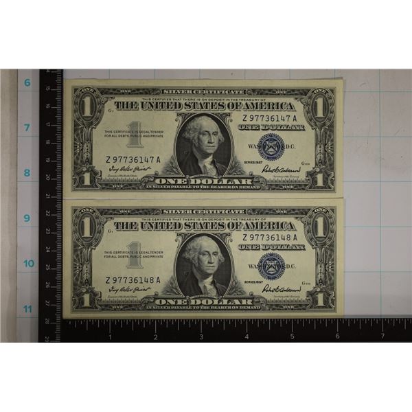 2-CU US $1 SILVER CERTIFICATES WITH CONSECUTIVE
