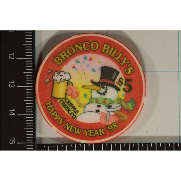 1998 BRONCO BILLY'S $5 CASINO CHIP HAPPY NEW YEAR