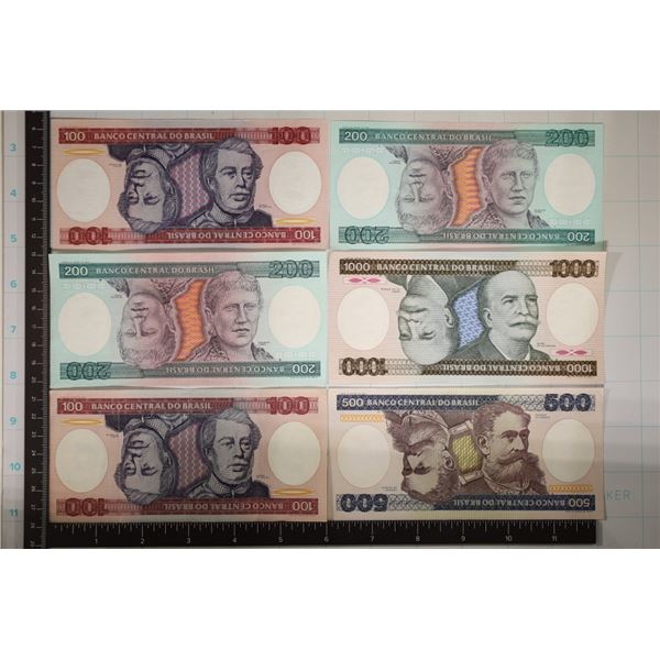 6 BRAZIL CRISP AU / UNC BILLS: 2-100 CRUZEIROS,