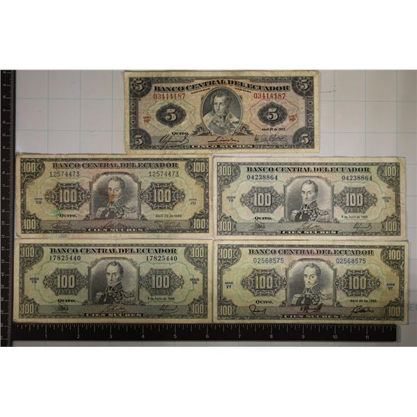 5-ECUDOR BILLS: 1977-5 SUCRES, 1986-100 SUCRES,