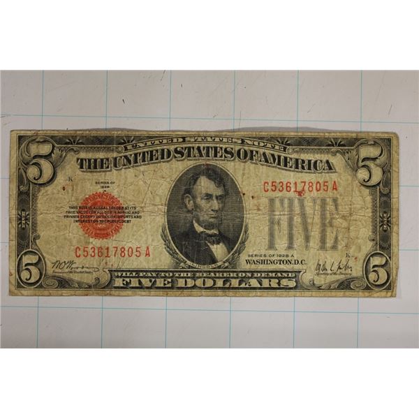 1928-A US $5 RED SEAL NOTE CIRCULATED