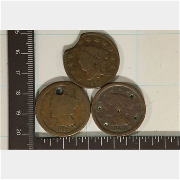 3 ALTERED US LARGE CENTS: 1833 CLIPPED, 1843