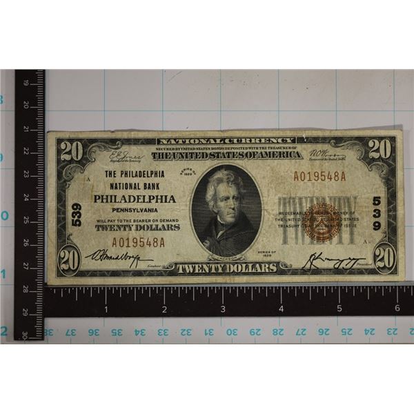 1929 US $20 NATIONAL CURRENCY OF PHILADELPHIA