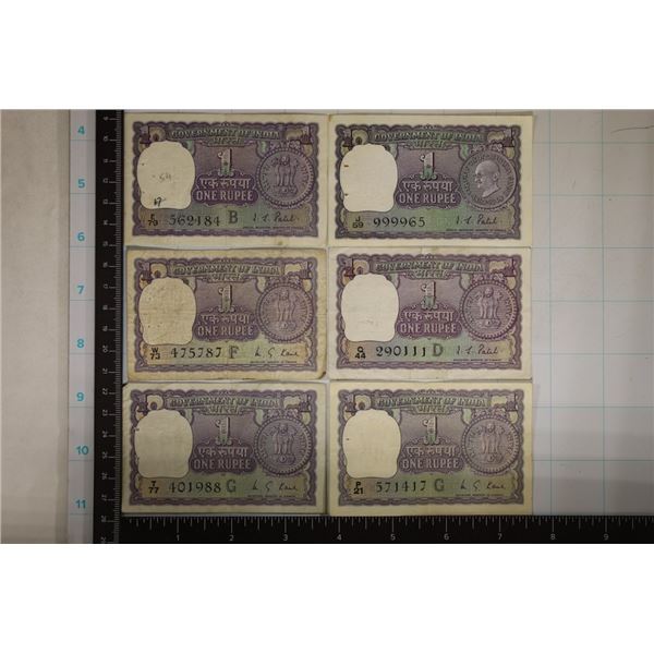 6-INDIA ONE RUPEE BILLS: 1 NO DATE, 1968, 1972,