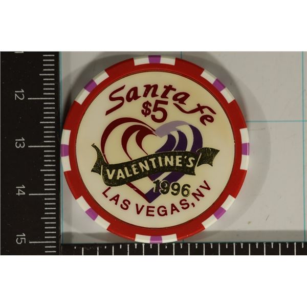 1996 SANTA FE $5 CASINO CHIP "VALENTINES" 5TH