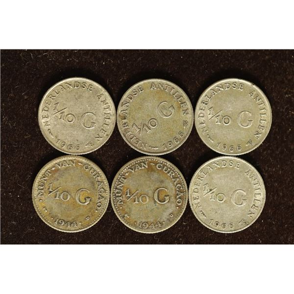 6-SILVER 1/10 GULDEN COINS: 3-1944 CURACAO AND