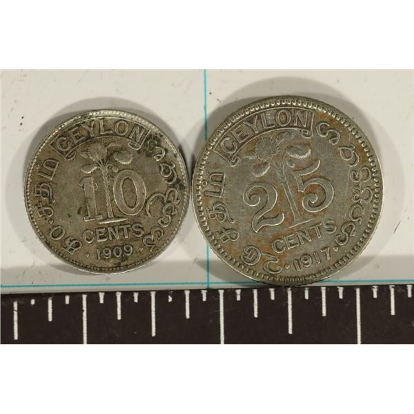 2-CEYLON SILVER COINS: 1909 TEN CENTS AND