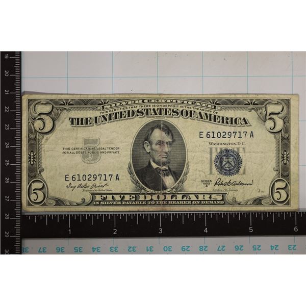 1953-A US $5 SILVER CERTIFICATE BLUE SEAL
