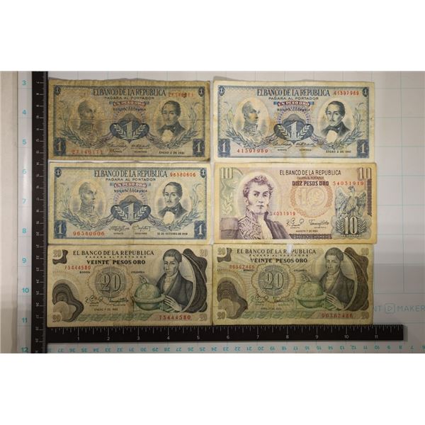 6-COLUMBIA BILLS: 1959-1 PESO, 2-1961-1 PESOS,