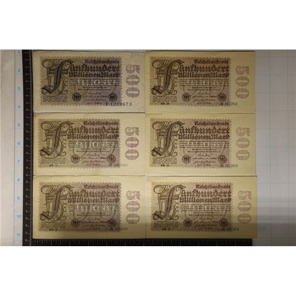 6-1923 GERMAN 500 MILLION MARK BILLS 3 ARE CU