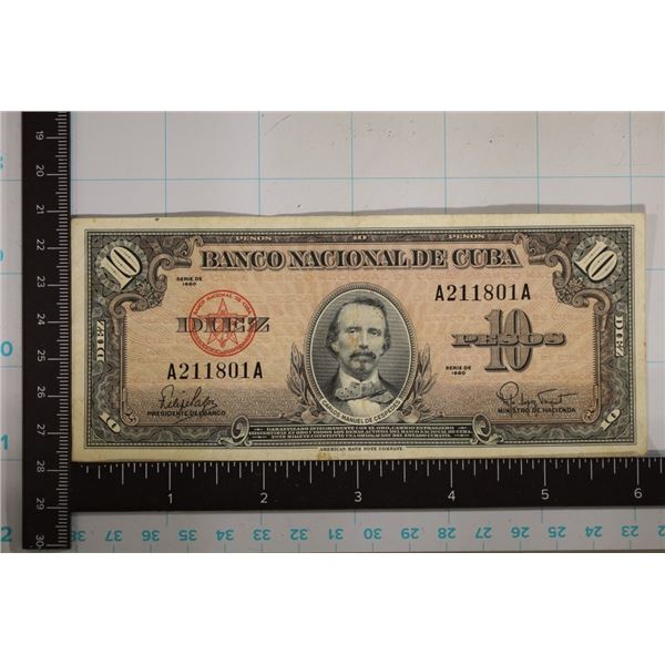 1960-CUBA 10 PESO BILL "CARLOS MANUEL DE
