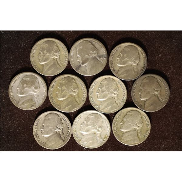 10 -35% SILVER JEFFERSON WAR NICKELS: 1943-1945