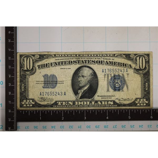 1934 US $10 SILVER CERTIFICATE BLUE SEAL