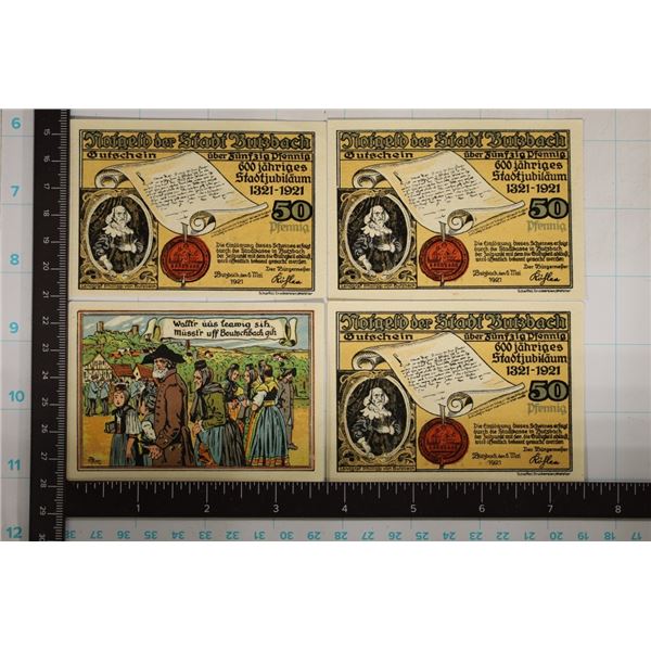 4-GERMAN CRISP UNC NOTGELDS: 3-50 PFENNIGS,