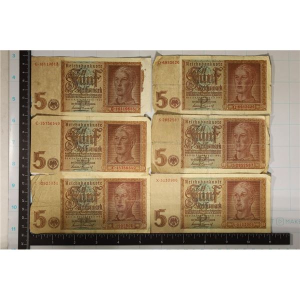 6-1939 GERMAN 5 MARK BILLS: ONE HAS SMALL TEAR