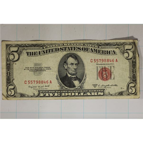 1953-B US $5 RED SEAL NOTE